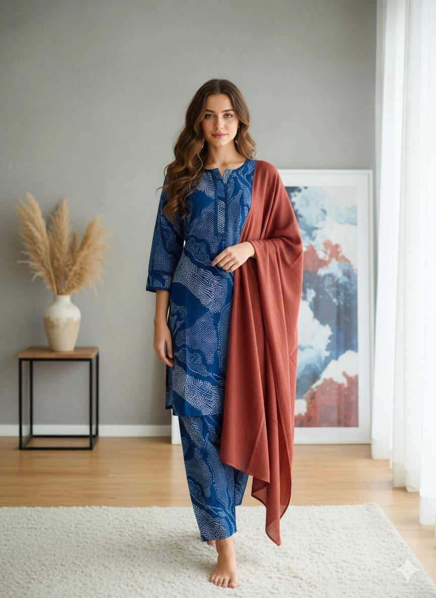 Indigo Bloom Co-ord Set with Draped Dupatta