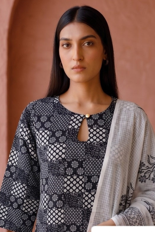 Elegant Black & White Printed Kurta Set with Dupatta