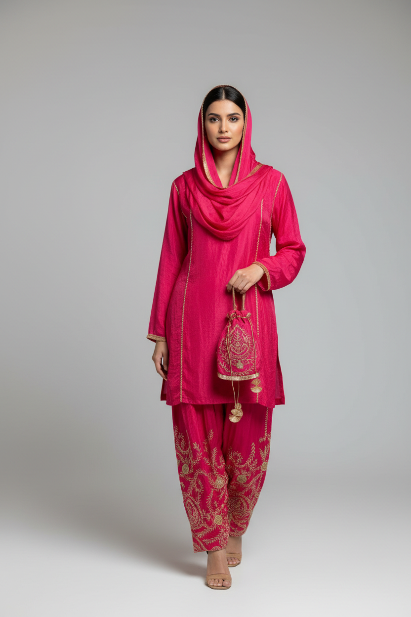 Rani – Fuchsia Gold Embroidered Suit Set