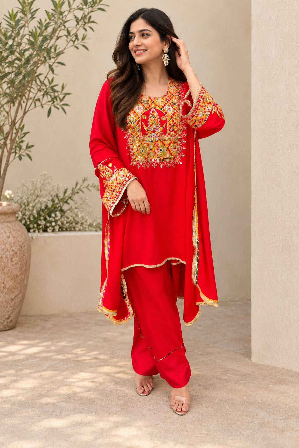 Meher Red Mirrorwork Embroidered Suit Set