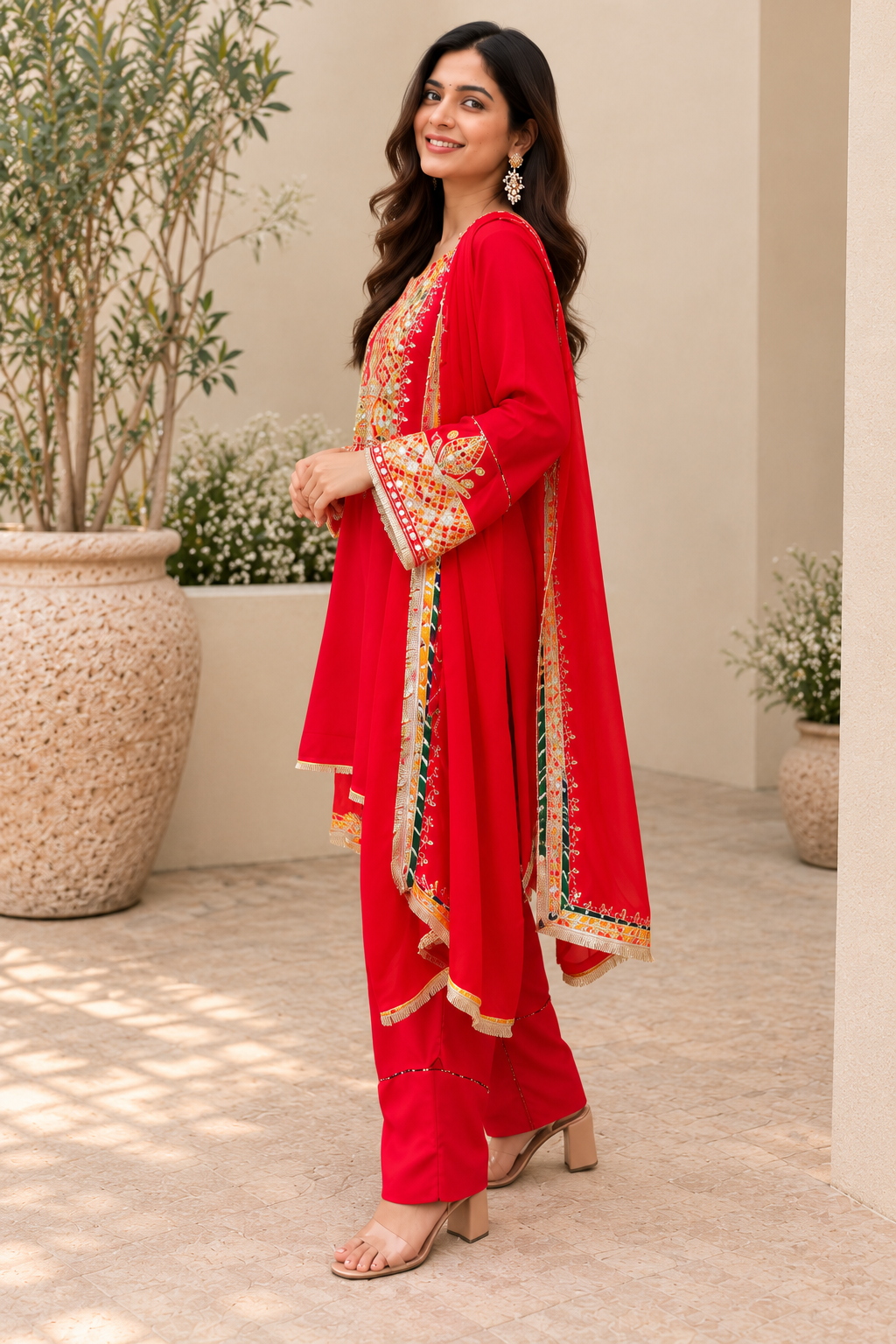 Meher Red Mirrorwork Embroidered Suit Set