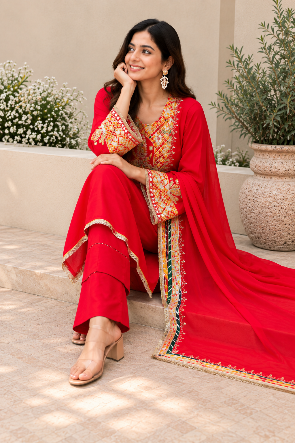 Meher Red Mirrorwork Embroidered Suit Set