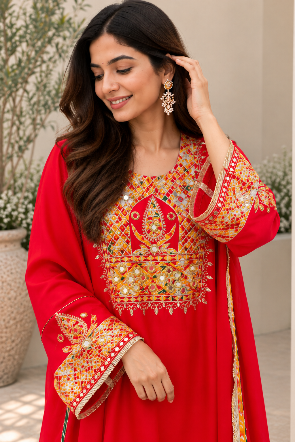 Meher Red Mirrorwork Embroidered Suit Set