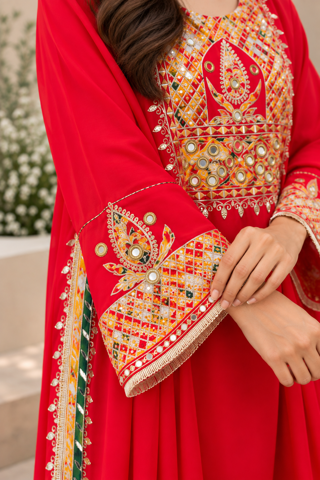 Meher Red Mirrorwork Embroidered Suit Set