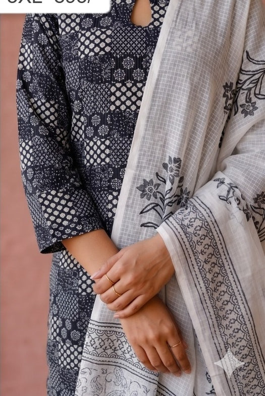 Elegant Black & White Printed Kurta Set with Dupatta